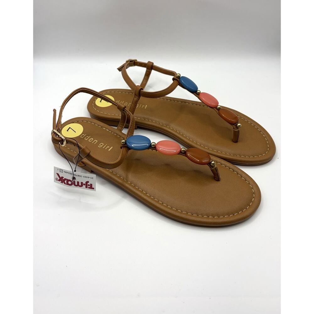 Madden Girl Beaded Sandals Womens Size 7 NWT Tan Ankle Strap Boho Flat Coastal - Picture 3 of 7